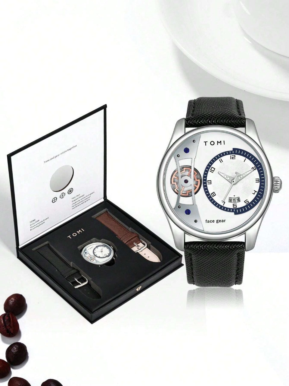 TOMI T-105 Face Gear Luxury Watch – Dual Strap Edition with Date Display & Premium Gift Box