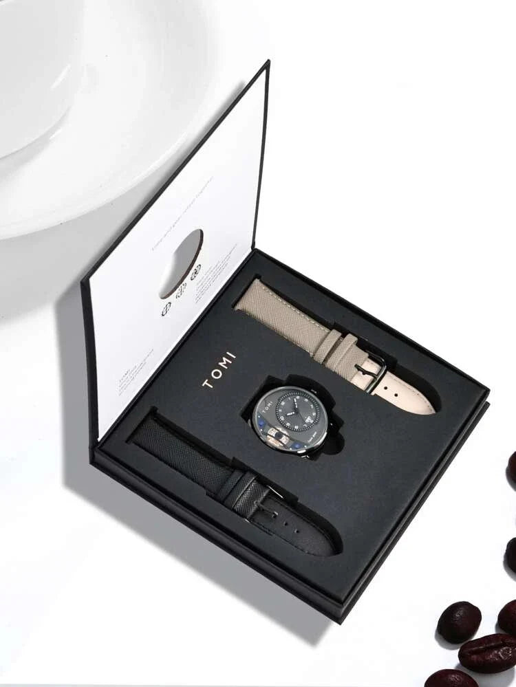 TOMI T-105 Face Gear Luxury Watch – Dual Strap Edition with Date Display & Premium Gift Box