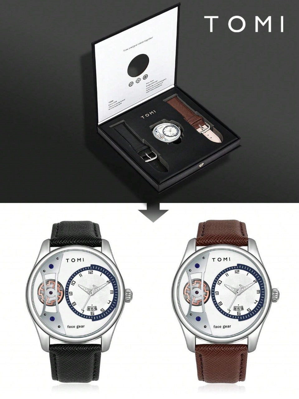 TOMI T-105 Face Gear Luxury Watch – Dual Strap Edition with Date Display & Premium Gift Box