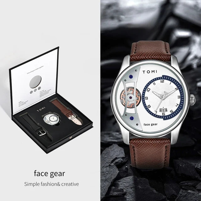 TOMI T-105 Face Gear Luxury Watch – Dual Strap Edition with Date Display & Premium Gift Box