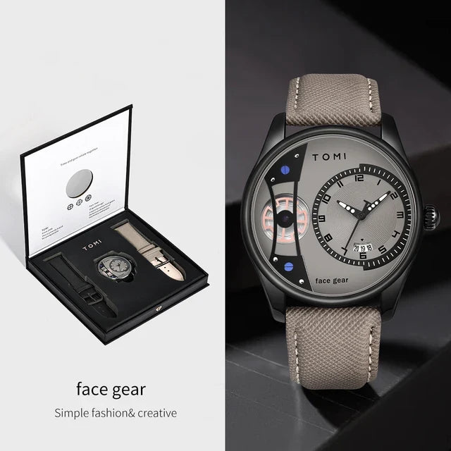 TOMI T-105 Face Gear Luxury Watch – Dual Strap Edition with Date Display & Premium Gift Box