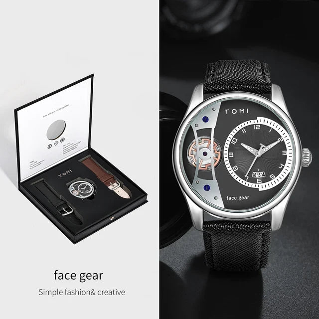 TOMI T-105 Face Gear Luxury Watch – Dual Strap Edition with Date Display & Premium Gift Box