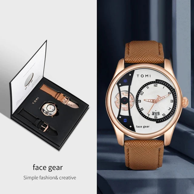 TOMI T-105 Face Gear Luxury Watch – Dual Strap Edition with Date Display & Premium Gift Box