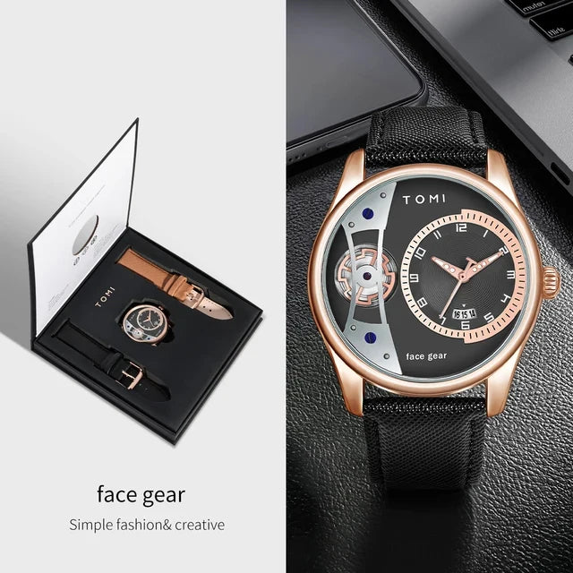 TOMI T-105 Face Gear Luxury Watch – Dual Strap Edition with Date Display & Premium Gift Box